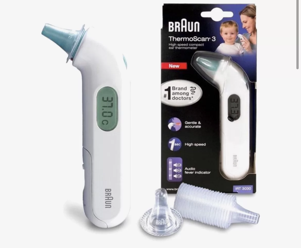 Braun IRT 3030 Oorthermometer – Snel, Nauwkeurig, Hygienisch, Geschikt voor Pasgeborenen, LCD Scherm, Koortsindicator met Geluid, Inclusief Wegwerpfilters