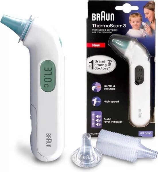 Braun ThermoScan IRT3030 Oorthermometer - Snel, Nauwkeurig, Hygienisch met Koortsindicator - Geschikt voor Gezinnen & Pasgeborenen