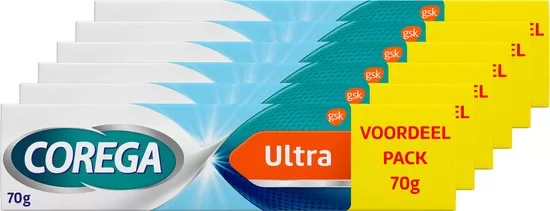 Corega Ultra Kleefcrème voor Gebitsprothese - Sterke Hechting & Frisse Muntsmaak - 6 x 70 g - Zinkvrij - Hele Dag Comfortabele Fixatie