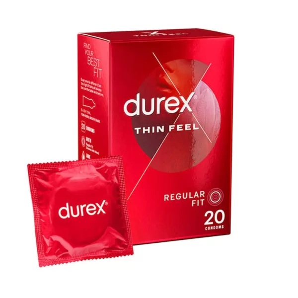 Durex Thin Feel Condooms 20 Stuks - Ultradun, Glijmiddel, 56mm Breedte, Elektronisch Getest voor Veiligheid en Comfort
