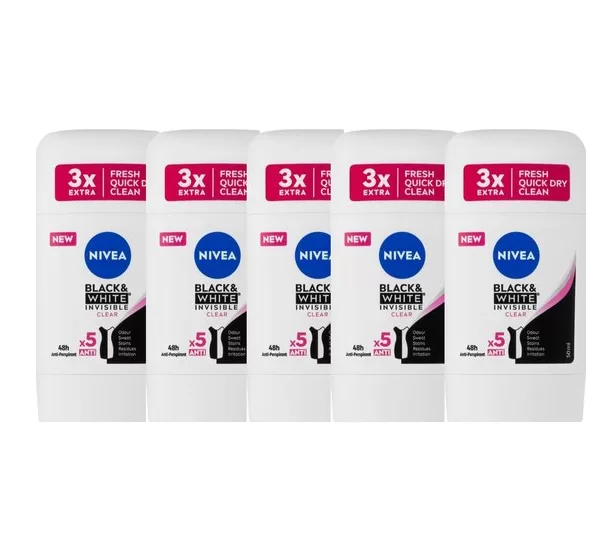 Nivea Deo Stick 5x50ml - Invisible For Black & White Clear - Effectieve Bescherming tegen Transpiratie & Geur, Geen Vlekken!