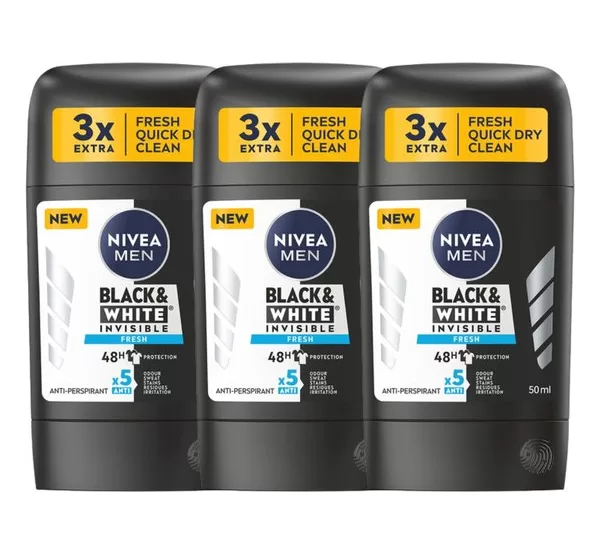 Nivea Men Fresh Invisible Black & White Deodorant - 3x50ml - 5-in-1 Bescherming - 48 uur Anti-transpirant - 0% Alcohol - Voordeelverpakking