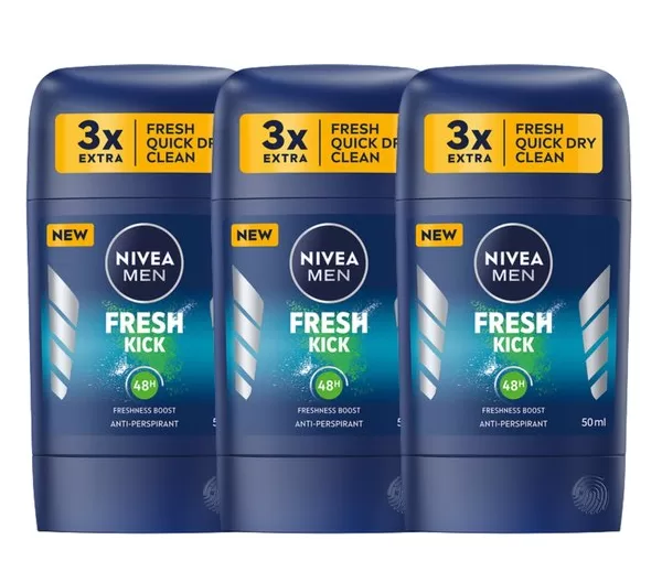Nivea Men Fresh Kick Deodorant 3 x 50 ml - 48 uur bescherming, verfrissende geur, cactuswater, alcoholvrij, dermatologisch getest.