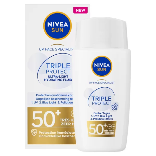Nivea Sun Triple Protect Zonnecrème Gezicht SPF 50+ - 40 ml, Bescherming tegen UVA/UVB & Blauw licht, Hydrateert, Niet-vettig, 76% Biologisch afbreekb