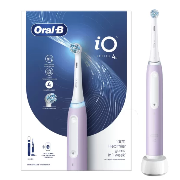 Oral-B iO 4N Elektrische Tandenborstel Lavendel – iO-technologie, 4 Poetsstanden, Intelligente Druksensor, Stijlvol Ontwerp, Magnetische Oplader