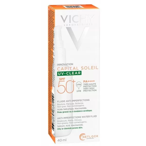 Vichy Capital Soleil UV Clear Zonnebrand SPF50+ 40ml - Anti-onzuiverheden, Dermatologisch Getest, Zonder Witte Strepen, Ultralicht, Voor Gevoelige Hui