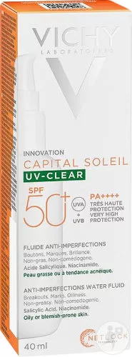 Vichy Capital Soleil UV Clear Zonnebrand SPF50+ 40ml - Anti-onzuiverheden, Dermatologisch Getest, Zonder Witte Strepen, Ultralicht, Voor Gevoelige Hui