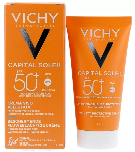 Vichy Capital Soleil Velvety Protective Cream SPF50+ - Hydraterende zonnebrand voor normale en droge huid, 50ML, waterproof, hypoallergeen.