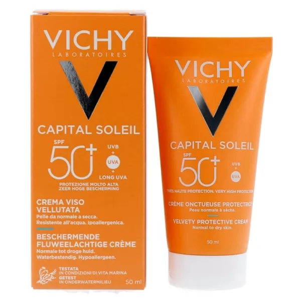 Vichy Capital Soleil Velvety Protective Cream SPF50+ - Hydraterende zonnebrand voor normale en droge huid, 50ML, waterproof, hypoallergeen.
