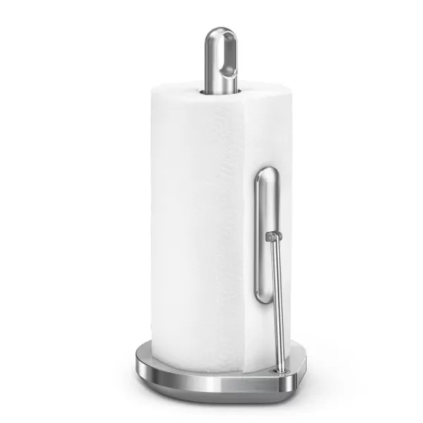simplehuman Küchenrollenhalter aus gebürstetem Edelstahl mit Spannarm, stabiler Standfuß, für Rollen bis 17 cm Breite, einhändige Bedienung